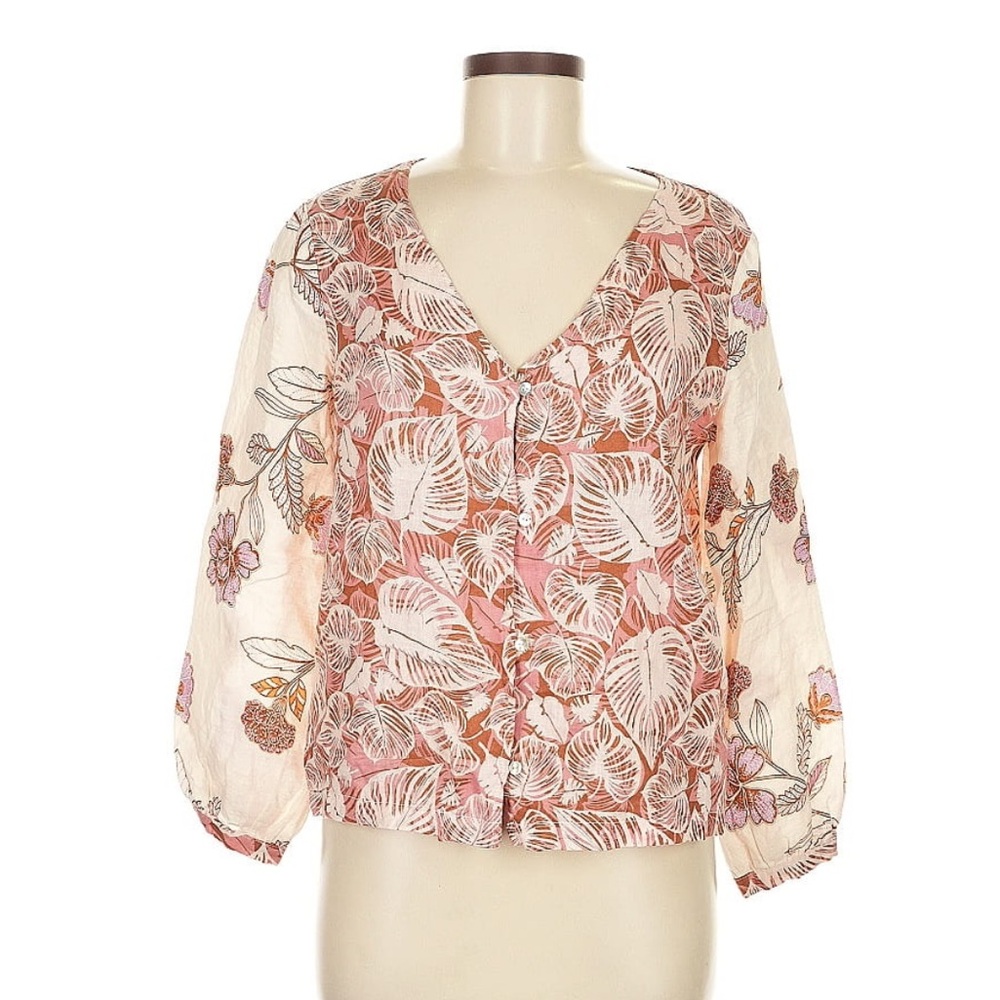 Tahari 100% Linen Floral Button Down Blouse Pink & Beige Size XS